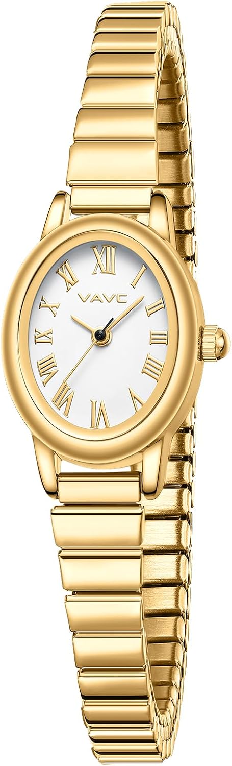 Relojes pequeños de oro para mujer, reloj analógico para mujer con banda de expansión de acero inoxidable, esfera romana ovalada, resistente al agua