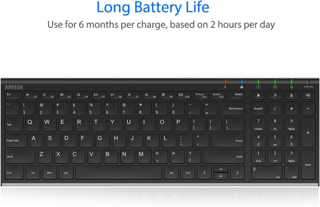 Arteck Teclado inalámbrico USB de acero inoxidable ultra delgado te...