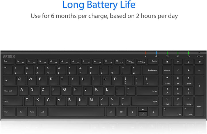 Arteck Teclado inalámbrico USB de acero inoxidable ultra delgado te...