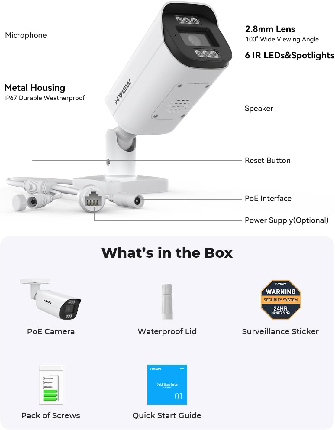 H.VIEW UltraHD 4K (8MP) Cámara IP POE de seguridad bala para exteri...