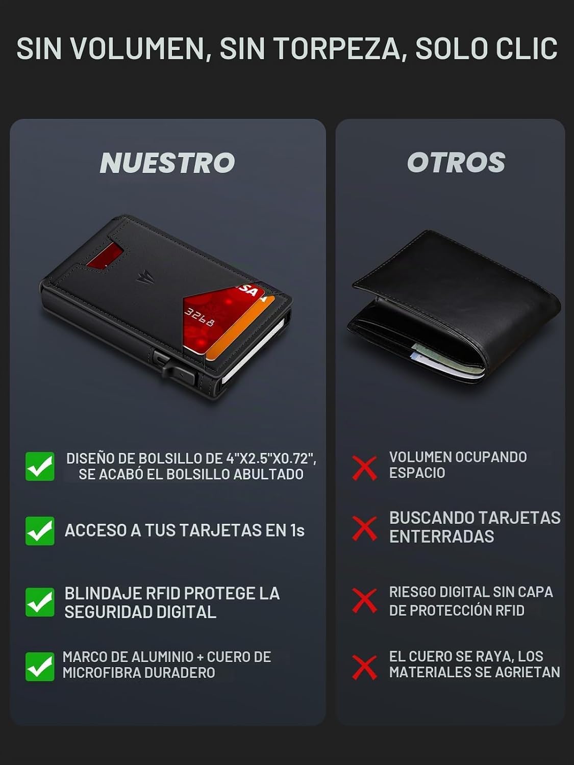 Cartera para hombre, delgada y minimalista con clip para dinero y ventana de identificación, bloqueo RFID, soporte para tarjetas de crédito emergente, billetera inteligente de aluminio para