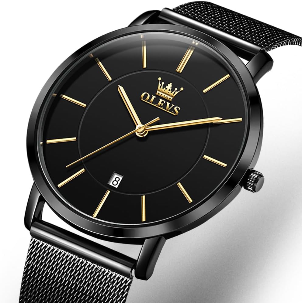 OLEVS Relojes de Hombre de Cuero Negro Ultrafinos 6.5 mm Minimalista Vestir Simple Moda Casual Resistente al Agua con Fecha