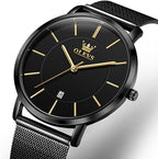 OLEVS Relojes de Hombre de Cuero Negro Ultrafinos 6.5 mm Minimalista Vestir Simple Moda Casual Resistente al Agua con Fecha
