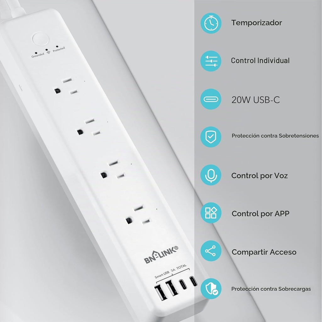 BN LINK tira de alimentación inteligente, protector contra sobrecargas con 4 tomas inteligentes controladas individualmente, 4 USB (incl. USB-C de 20W), compatible con Alexa y Google Home