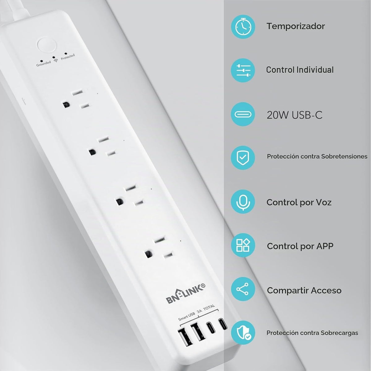 BN LINK tira de alimentación inteligente, protector contra sobrecargas con 4 tomas inteligentes controladas individualmente, 4 USB (incl. USB-C de 20W), compatible con Alexa y Google Home