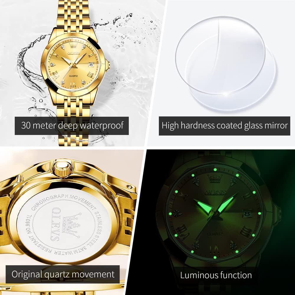 OLEVS Reloj Analógico de Cuarzo para Mujer, Acero Inoxidable Plateado de Dos Tonos, Moda, Resistente al Agua, Luminoso, con Fecha y Día, Relojes de Pulsera para Damas