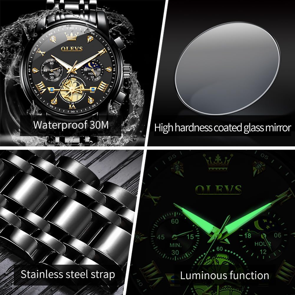 OLEVS Relojes para hombres Luxurious vestimenta acero inoxidable resistente al agua cronógrafo