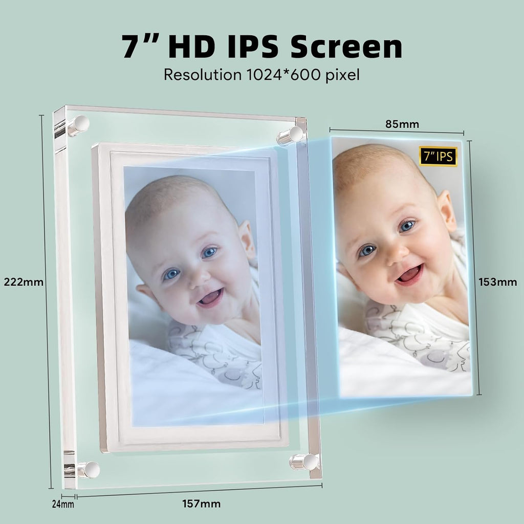 Frameo 7INCH WiFi Acrílico Marco Digital de Fotos, Pantalla IPS 1024 * 600, 32GB de Memoria Incorporada, Rotación Automática, Comparte Tu Amor En Cualquier Momento y Lugar