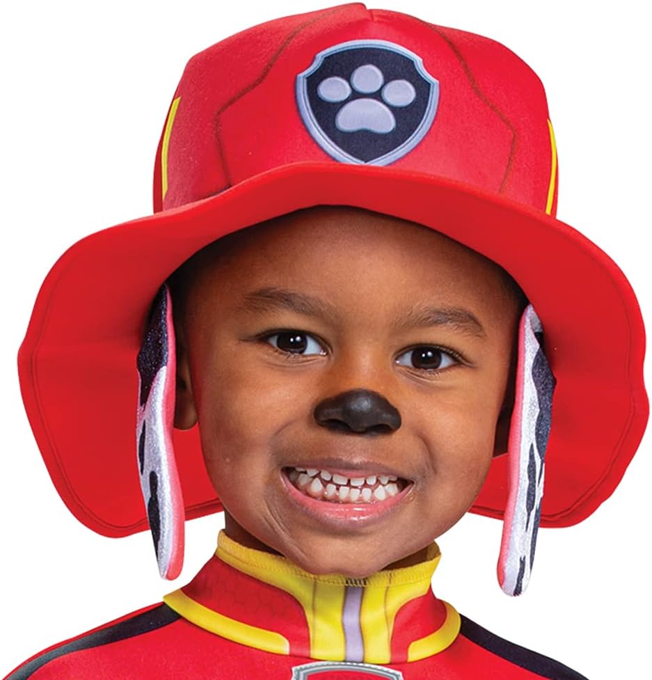 Disguise Disfraz de Patrulla Canina Marshall con sombrero y overol para niños, traje de personaje de película de Paw Patrol con insignia, talla grande (4-6)