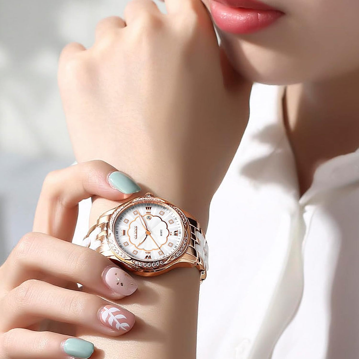 OLEVS Relojes de cerámica de lujo para mujer, reloj de oro rosa con diamantes brillantes para mujer, resistente al agua, analógico, de cuarzo, relojes para mujer