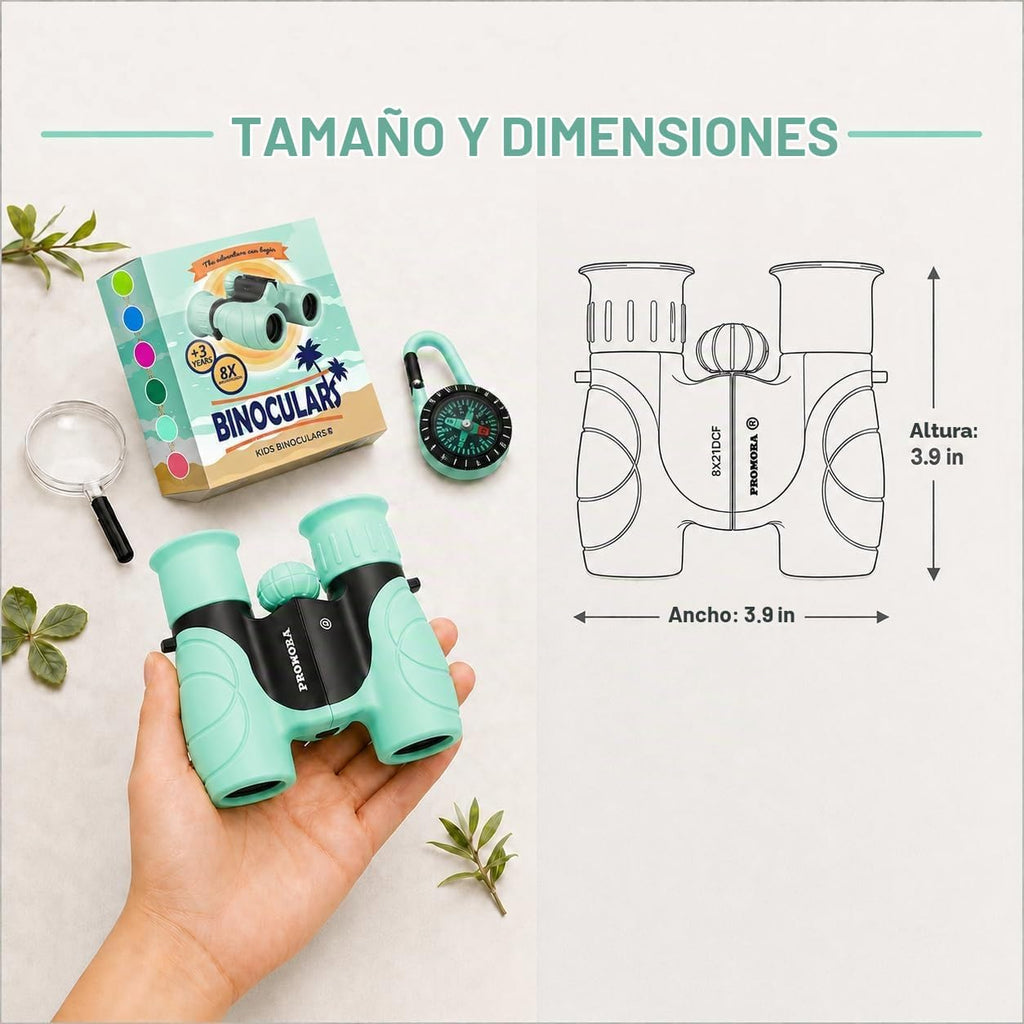 Binoculares para niños – Juguete perfecto para niños pequeños y niñas – Juego extenso que incluye lupa y brújula – Potente aumento 8 x 21 – niños de 3 a 12 años para niños pequeños