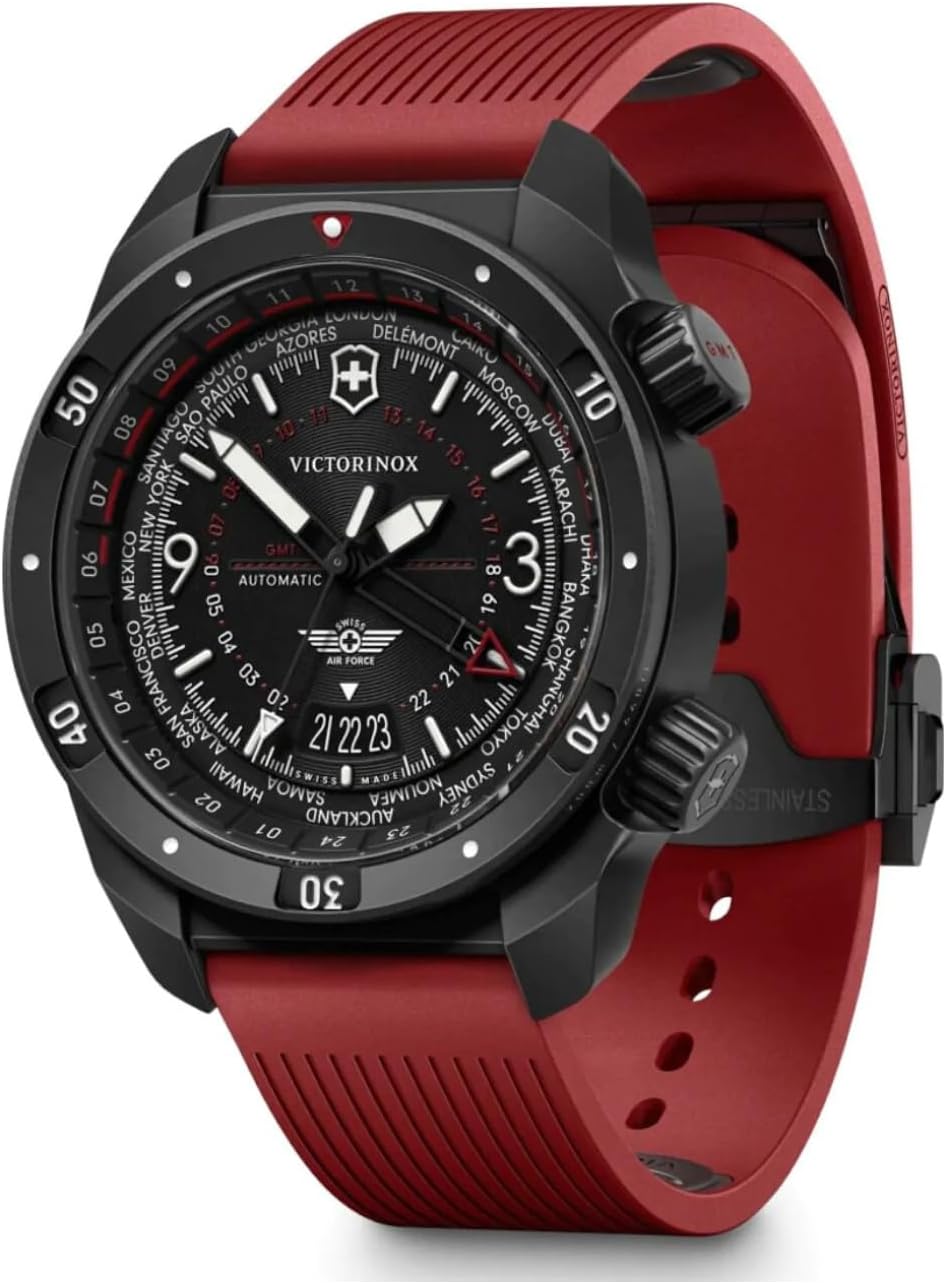 Reloj Victorinox Air Pro Automatic esfera negra con correa de caucho azul 43 mm