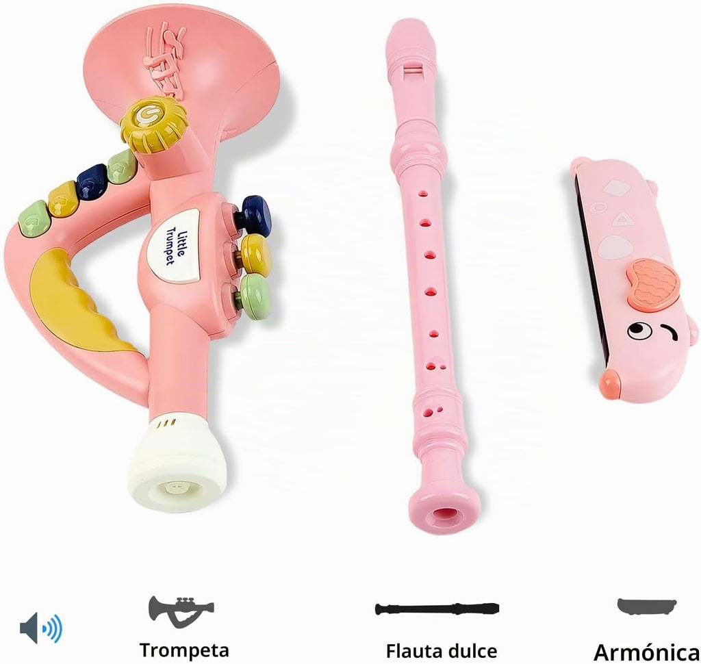 Instrumentos musicales para niños pequeños, trompeta de juguete, armónica, flauta de grabadora para niños y bebés, juego de juguetes musicales rosas para niños y niñas de 2, 3, 4, 5 años
