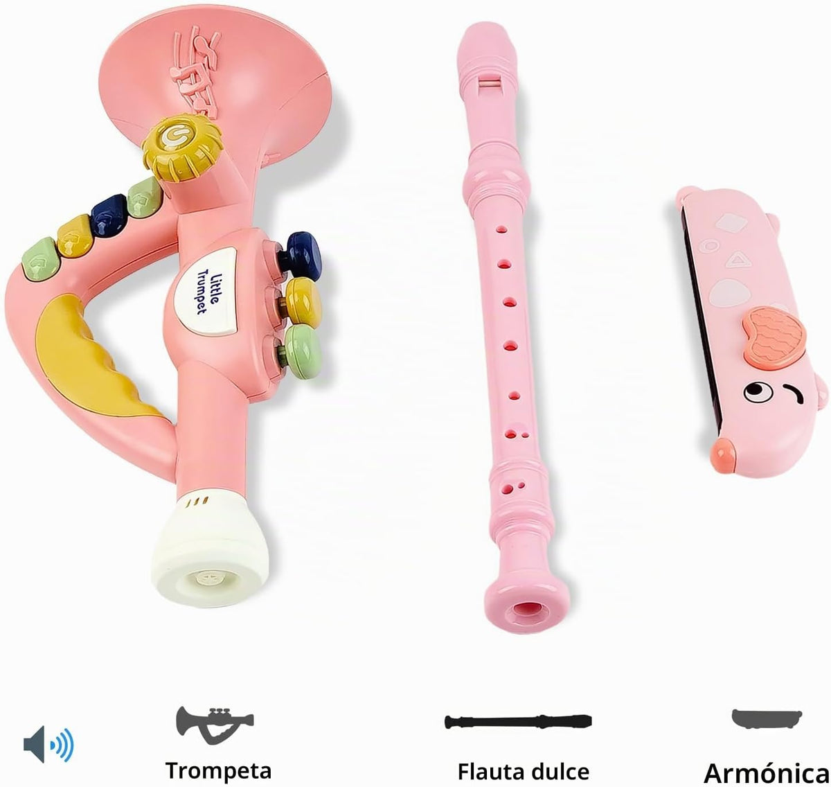 Instrumentos musicales para niños pequeños, trompeta de juguete, armónica, flauta de grabadora para niños y bebés, juego de juguetes musicales rosas para niños y niñas de 2, 3, 4, 5 años