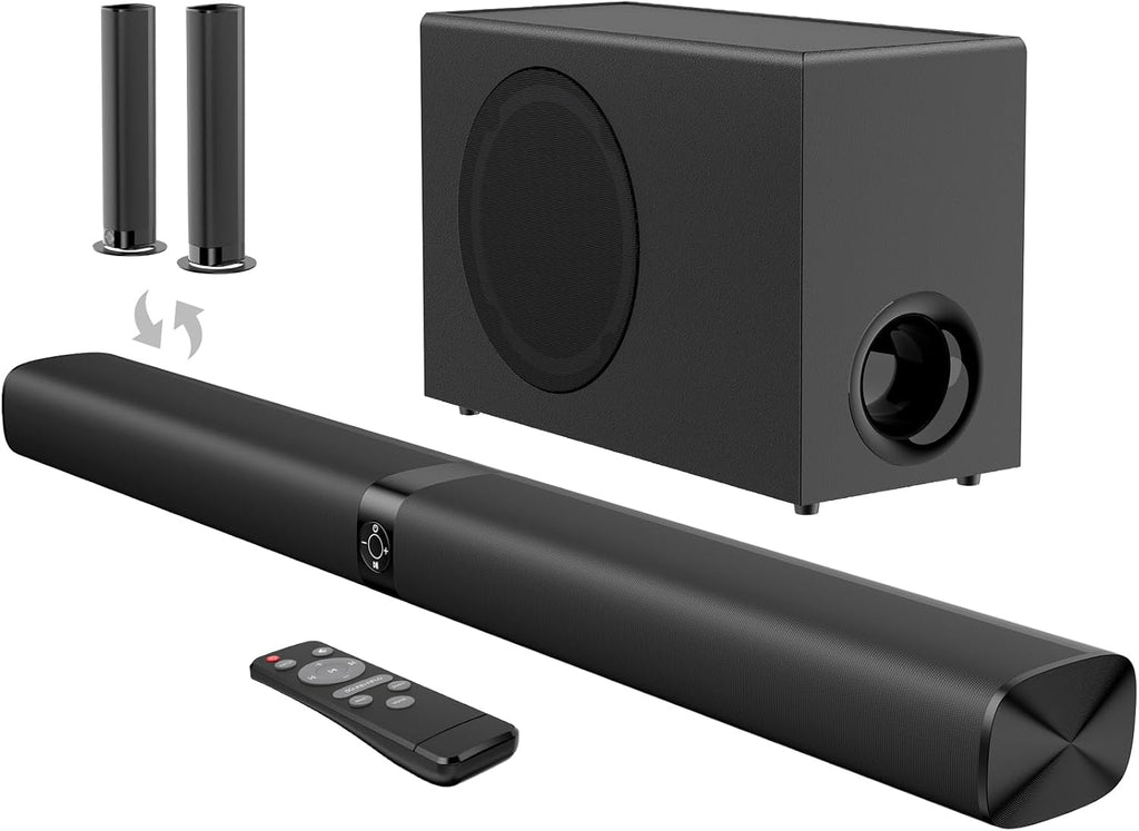 Barra de sonido con subwoofer, barra de sonido de 110 W para Smart TV, con graves profundos y aumento de volumen, Bluetooth/ARC/Opt/AUX, barra de sonido desmontable para TV/proyectores