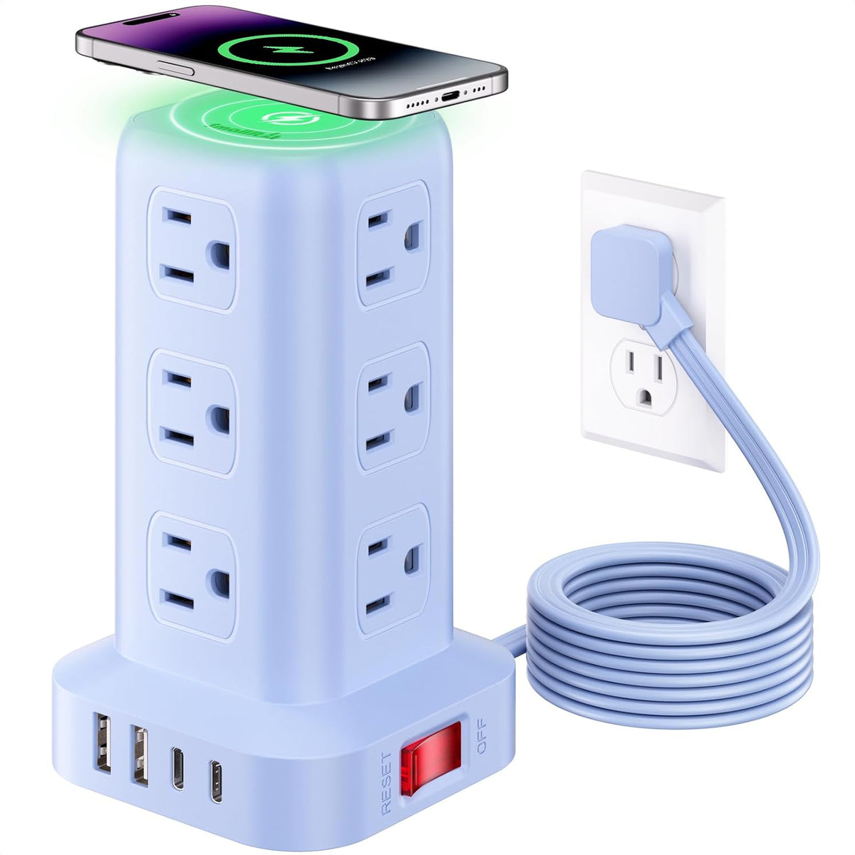 Cable de extensión con múltiples tomas, extensor de salida SMALLRT con 12 salidas de CA, 4 USB, torre de regleta de alimentación de 6.5 pies para suministros de oficina en casa, azul