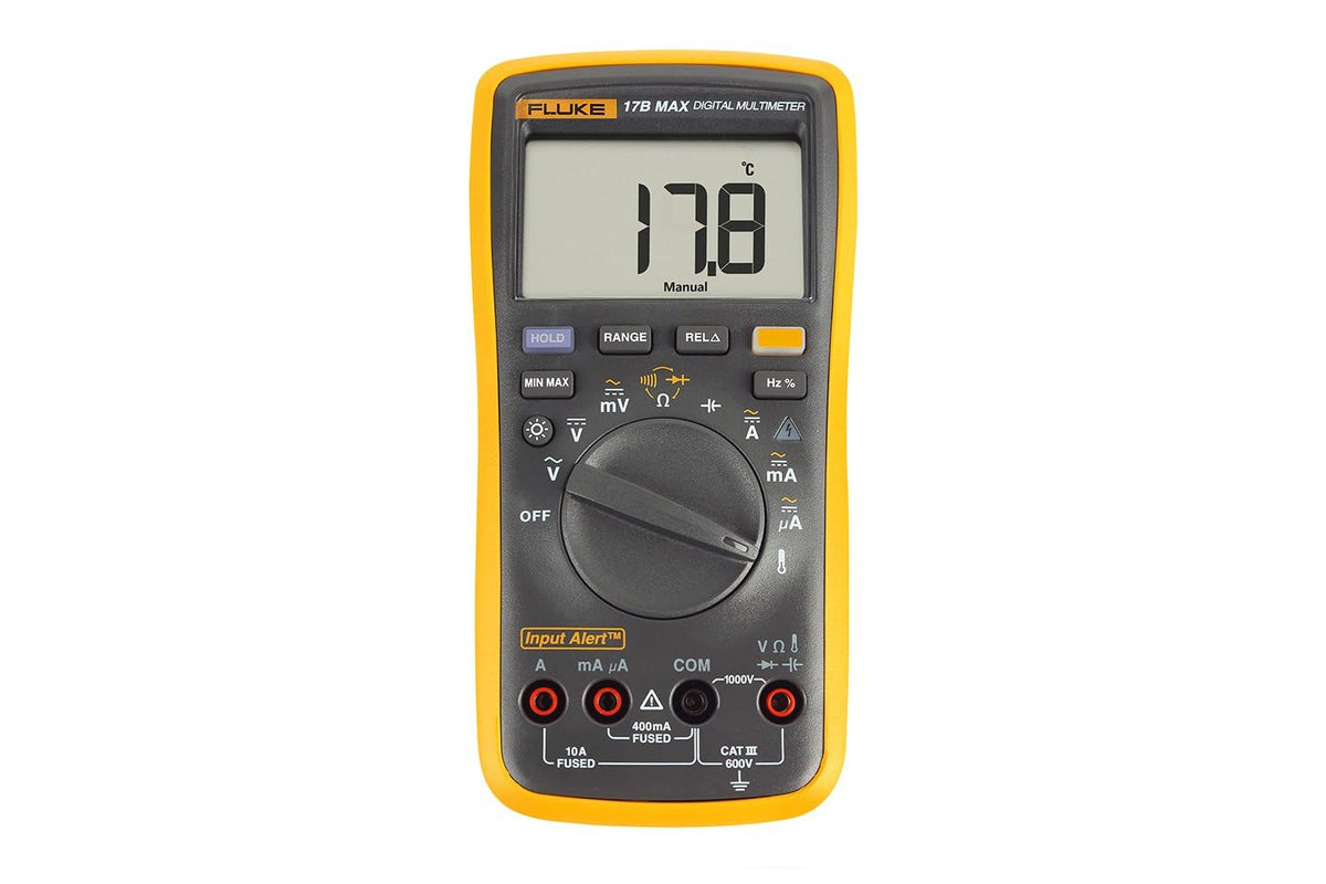 Fluke 17B+ Multímetro Digital, para Aplicaciones Eléctricas, Medidas de Voltaje AC/DC 1000V, Mediciones de Corriente hasta 10A, Resistencia, Continuidad, Diodo, Capacitancia, Frecuencia y Prueba de Temperatura
