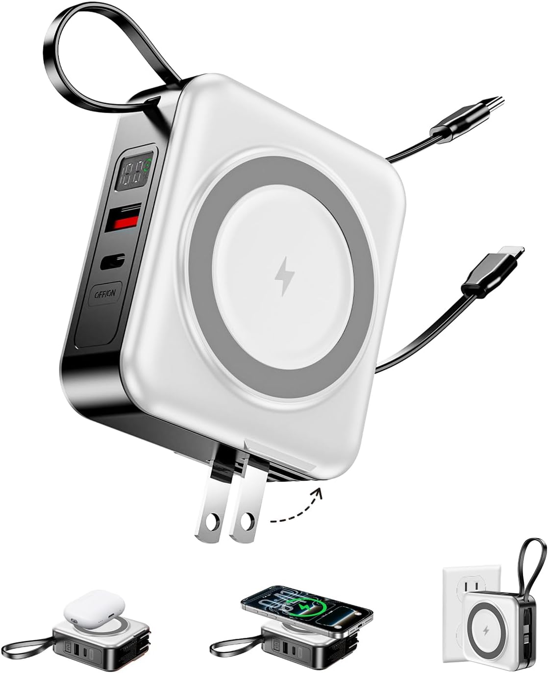 10000mAh para cargador portátil Magsafe Cables integrados y enchufe, Blanco