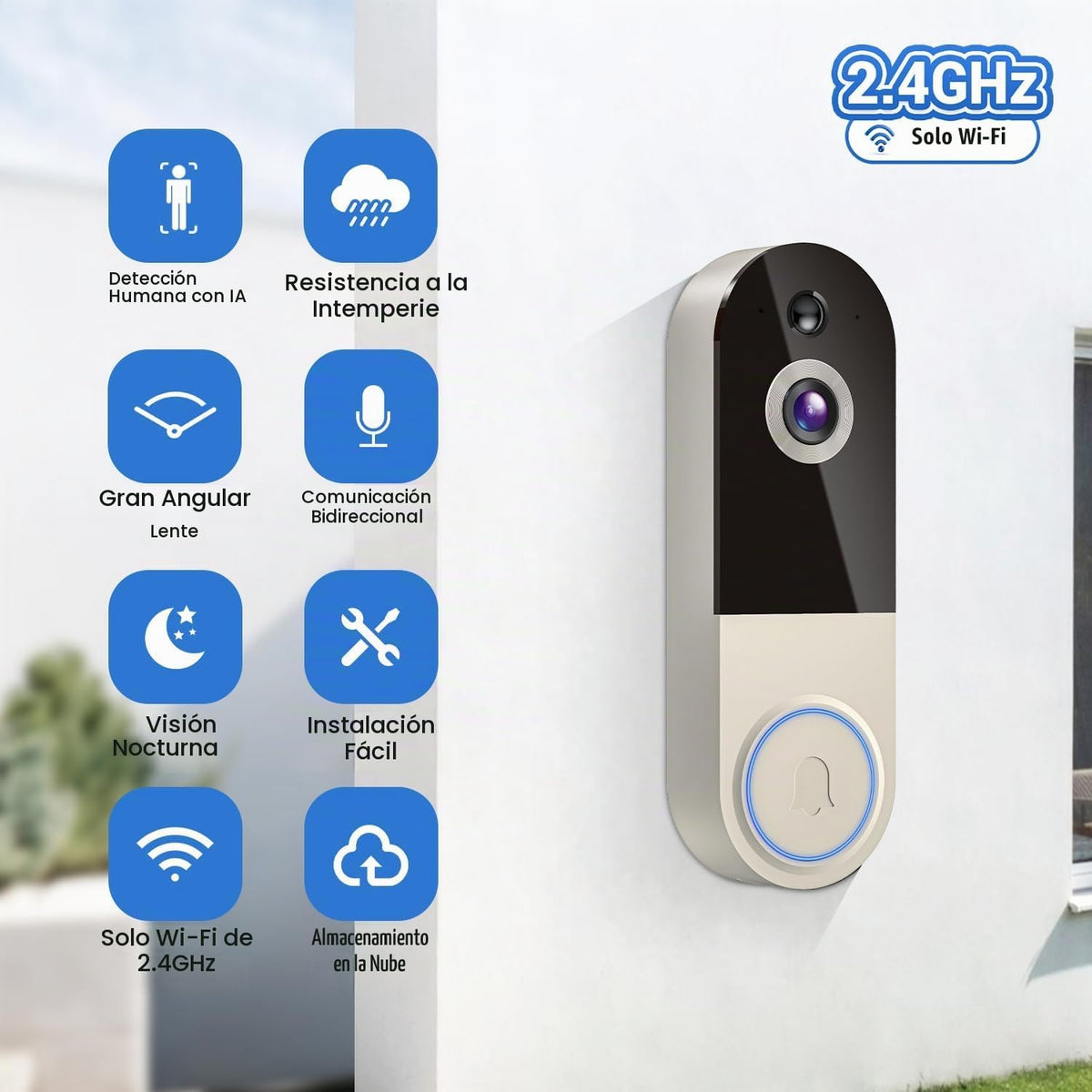 Cámara de timbre de video WiFi con detección humana, funciona con pilas, visión nocturna, conversación bidireccional, WiFi 2.4G, almacenamiento en la nube