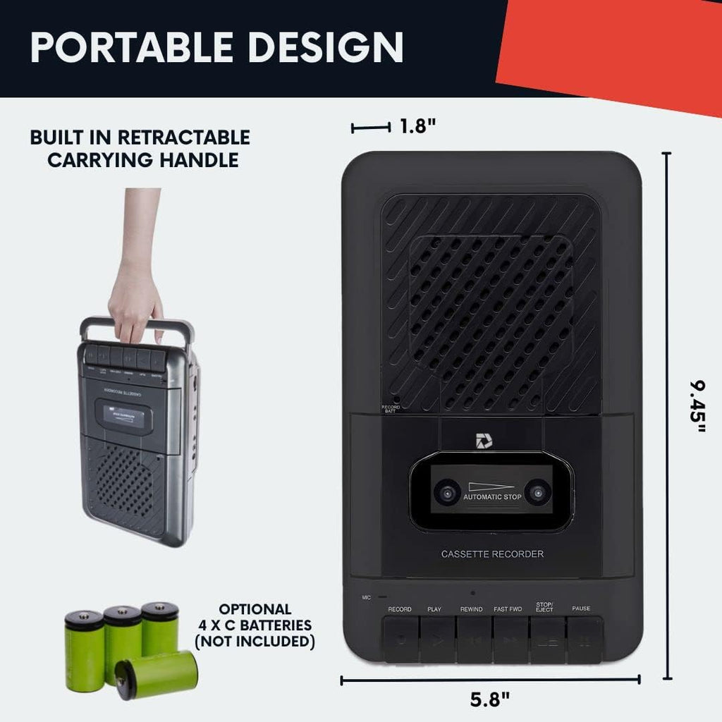 Deluxe Products Reproductor de Casetes Portátil Grabadora de Cinta. Graba en casetes a través de micrófono o entrada auxiliar. Altavoz integrado para escuchar casetes. Incluye micrófono externo, cable