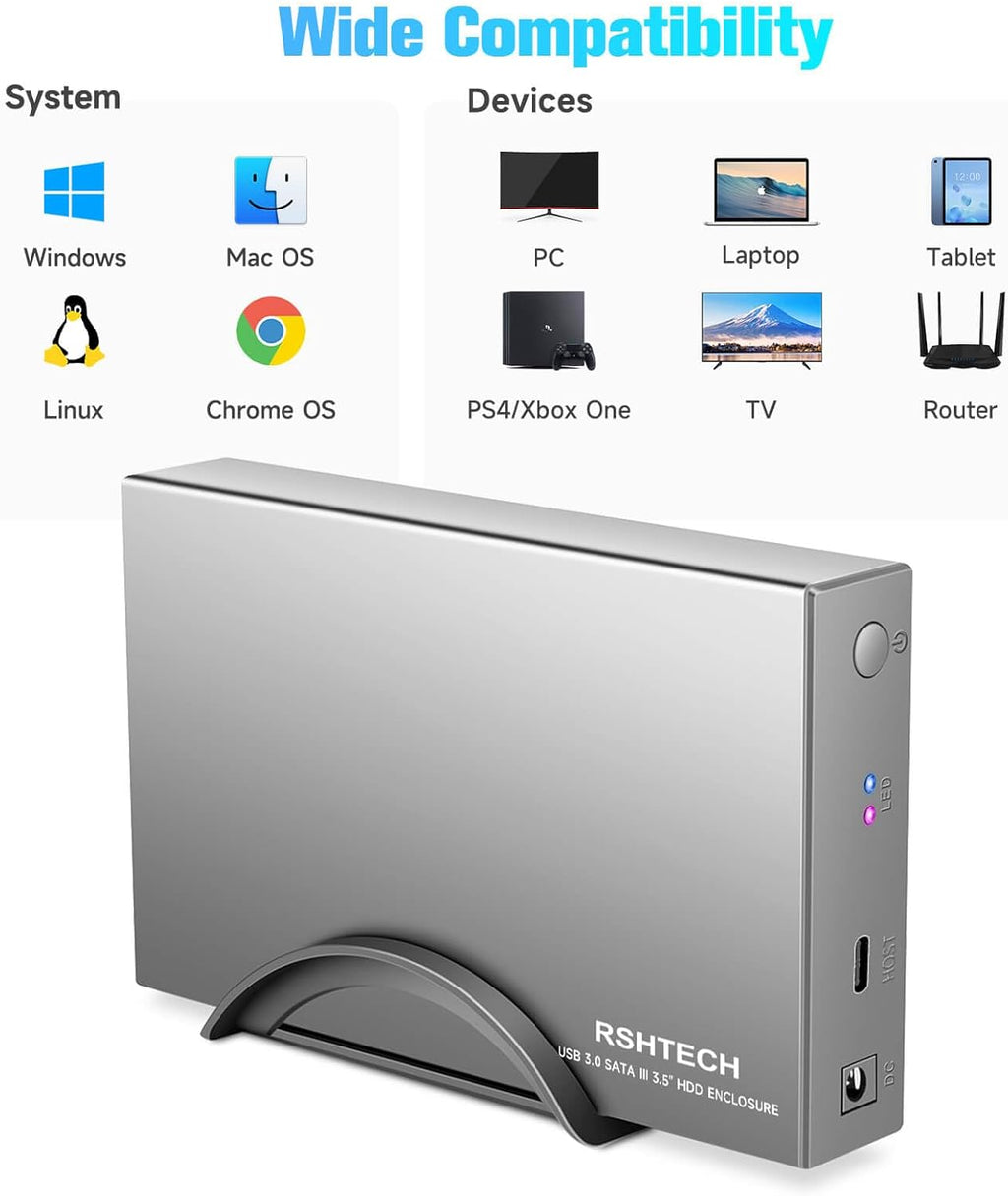 RSHTECH Carcasa de Disco Duro Versión Mejorada de 3.5" de Aluminio USB C a SATA Dock Externo para Discos Duros de 3.5 pulgadas HDD y SSD de hasta 24TB, con Cable USB 2-en-1, Compatible con UASP