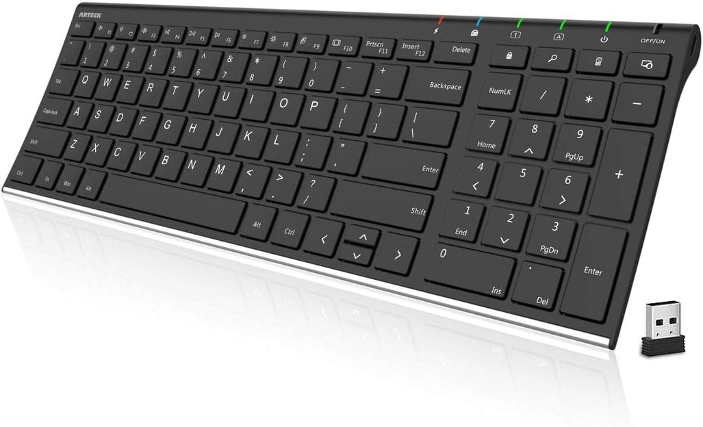 Arteck Teclado inalámbrico USB de acero inoxidable ultra delgado teclado con teclado