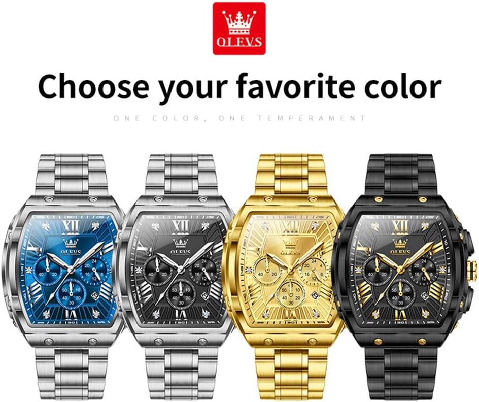 OLEVS Reloj para Hombres Analógico Cuarzo Lujo Diamante Resistente al Agua Cronógrafo Acero Inoxidable Carita Grande Cuadrado Fecha Fase Lunar Romano Relojes de Vestir para Hombres