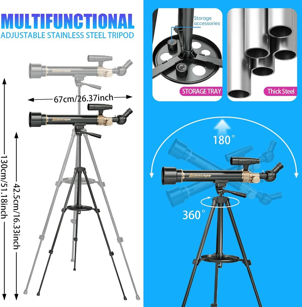 Telescopio para Niños y Adultos con Lentes 60X/30X, Trípode de Aleación Ajustable, Soporte para Teléfono Móvil, Montura de Cabezal Gimbal 360° para Observación de Estrellas y Naturaleza, Apto para Entusiastas de la Astronomía
