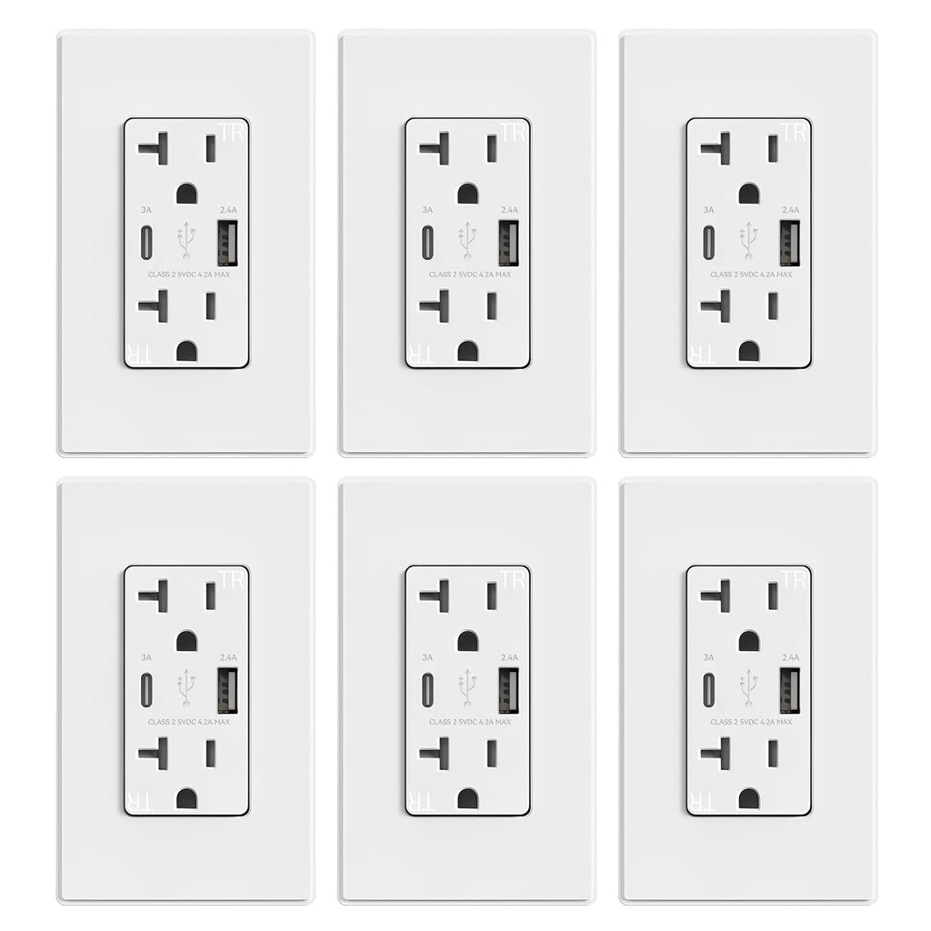 ELEGRP Cargador USB de pared, receptáculo USB con puertos USB tipo A y tipo C, enchufe dúplex de 20 amperios resistente a manipulaciones, placa de pared incluida, certificación UL (paquete de 6,