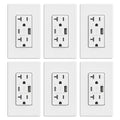 ELEGRP Cargador USB de pared, receptáculo USB con puertos USB tipo A y tipo C, enchufe dúplex de 20 amperios resistente a manipulaciones, placa de pared incluida, certificación UL (paquete de 6,