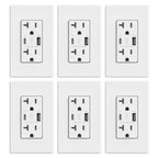 ELEGRP Cargador USB de pared, receptáculo USB con puertos USB tipo A y tipo C, enchufe dúplex de 20 amperios resistente a manipulaciones, placa de pared incluida, certificación UL (paquete de 6,