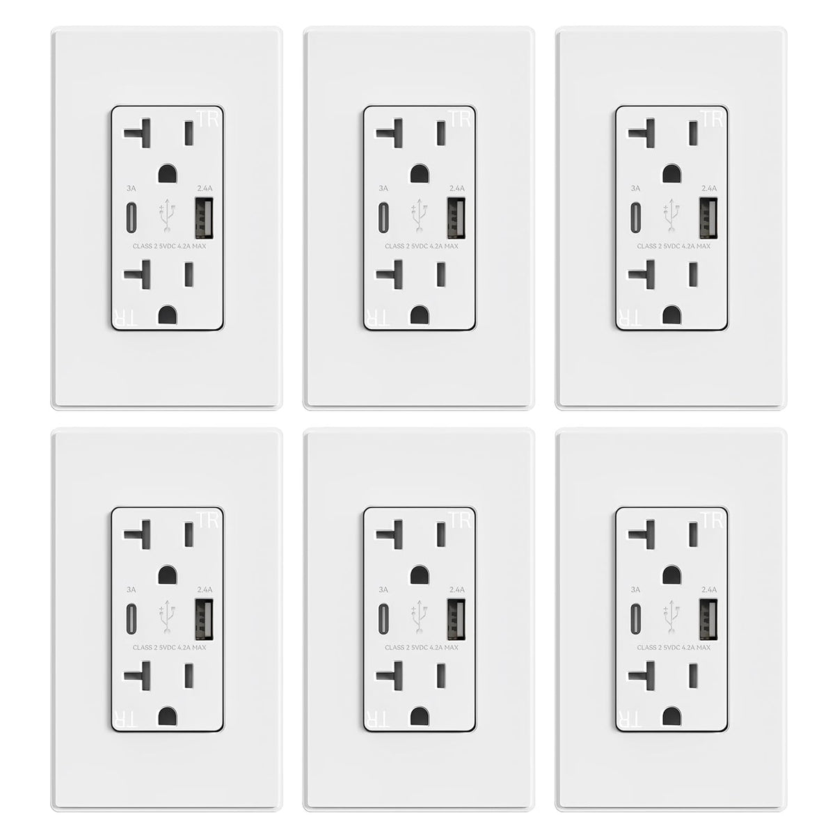 ELEGRP Cargador USB de pared, receptáculo USB con puertos USB tipo A y tipo C, enchufe dúplex de 20 amperios resistente a manipulaciones, placa de pared incluida, certificación UL (paquete de 6,