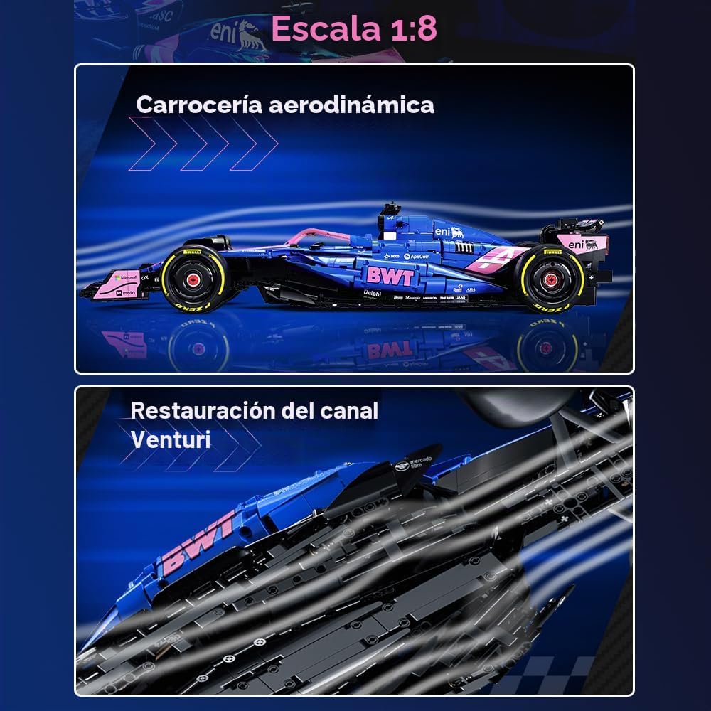 CaDA C64012W BWT Alpine F1 Team A525 2025 Kit de construcción de autos de carreras de Fórmula 1, 2173 piezas, modelo coleccionable grande a escala 1:8, funciones mecánicas detalladas completas, juego