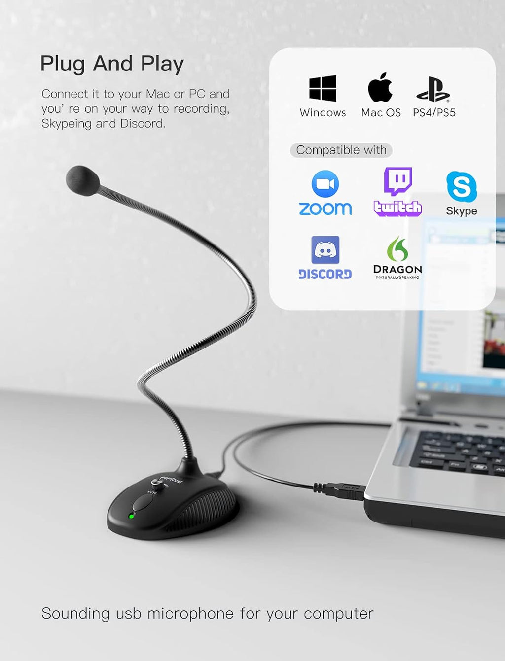 FIFINE Micrófono USB para computadora, condensador de escritorio Plug &Play, micrófono para computadora portátil, botón de silencio con indicador LED, compatible con Windows/Mac, ideal para YouTube