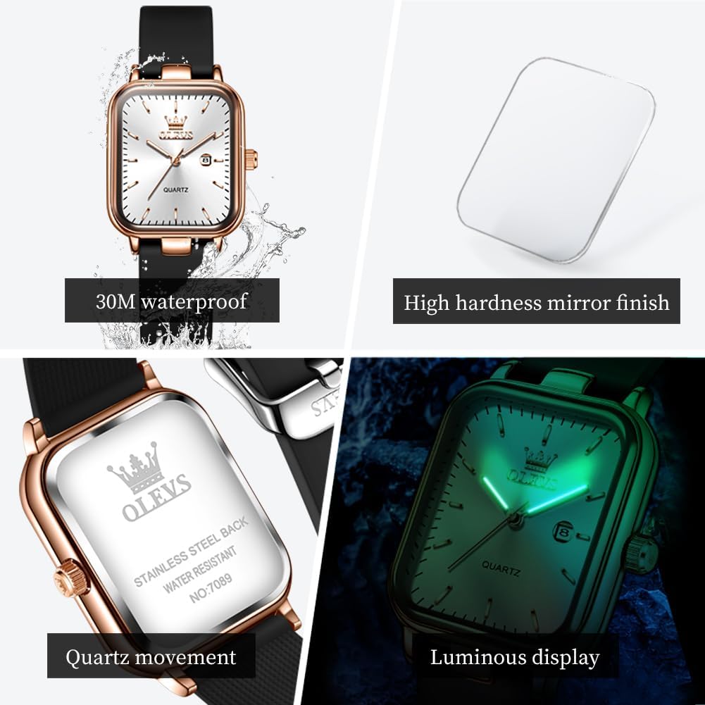 OLEVS Reloj para Mujer Casual Fashion Cuadrante Cuadrado Correa de Silicona Negra Elegante Delicado Cuarzo a Prueba de Agua Lectura Fácil