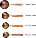 Juego de 8 tazas y cucharas medidoras de cobre con mango de madera de calidad, taza y cuchara medidora de acero inoxidable con equivalentes de medida para cocina y hornear, con 1/4, 1/3, 1