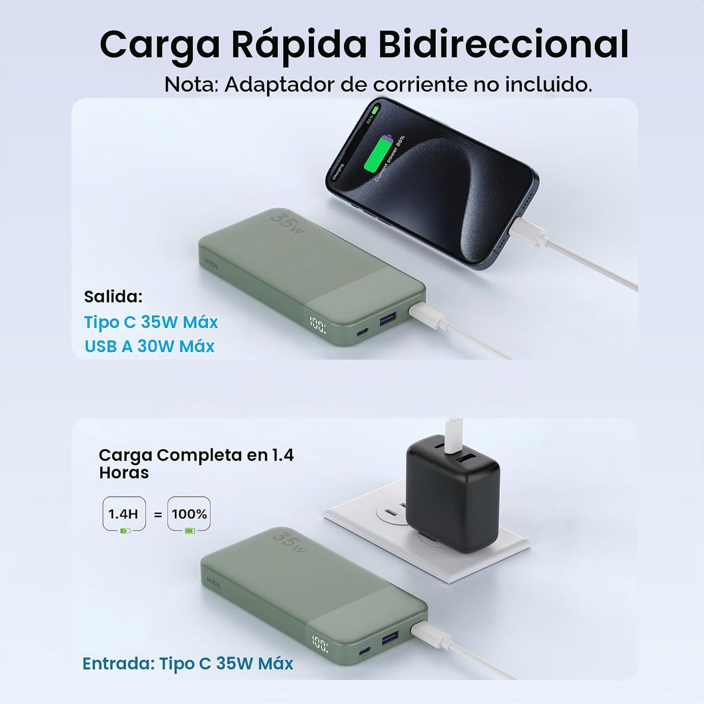 NOBIS Cargador portátil de banco de energía 35W 10000mAh | Batería...