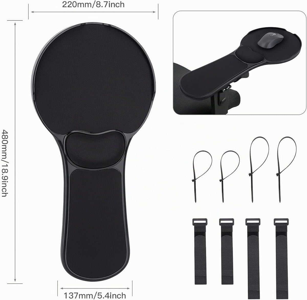 Alfombrilla de mouse ergonómica mejorada para silla, bandeja de mouse ajustable con cojín de muñeca, alfombrilla de mouse para brazo de silla, color negro