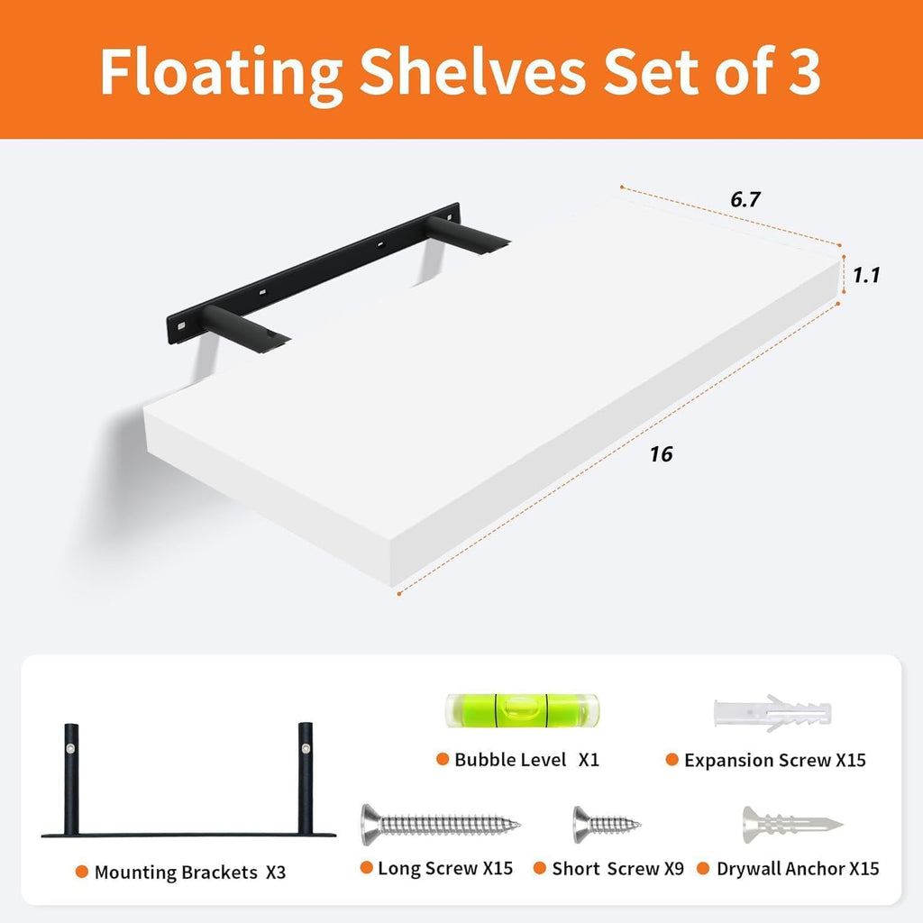 Upassion Estantes flotantes blancos, juego de 3, estantes montados en la pared de 16 pulgadas para decoración del hogar, sala de estar, dormitorio, baño, cocina