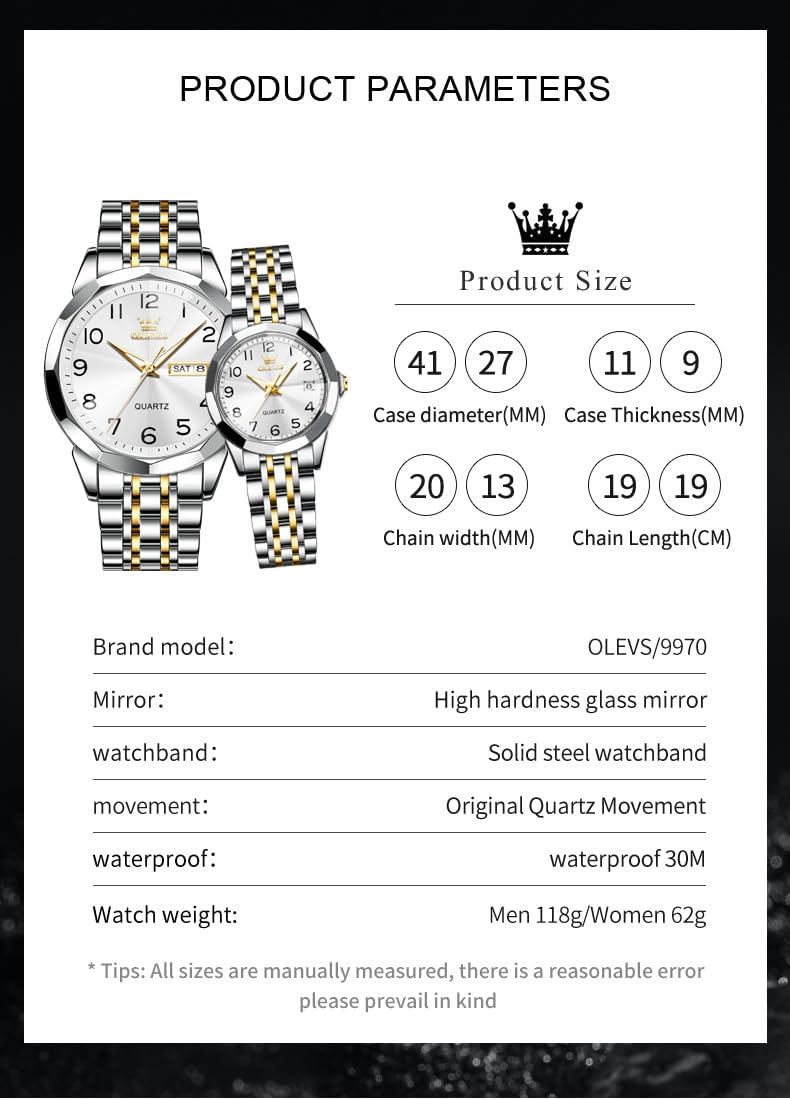 OLEVS Relojes de Pareja de San Valentín - Lujo, Moda para Hombre y Mujer, Juego de Relojes