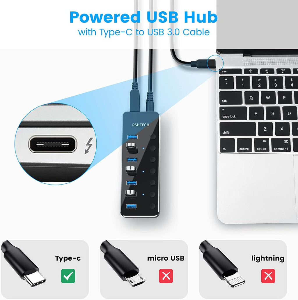 RSHTECH, hub USB 3.0 de 7 puertos, alimentado, adaptador 5V/2A