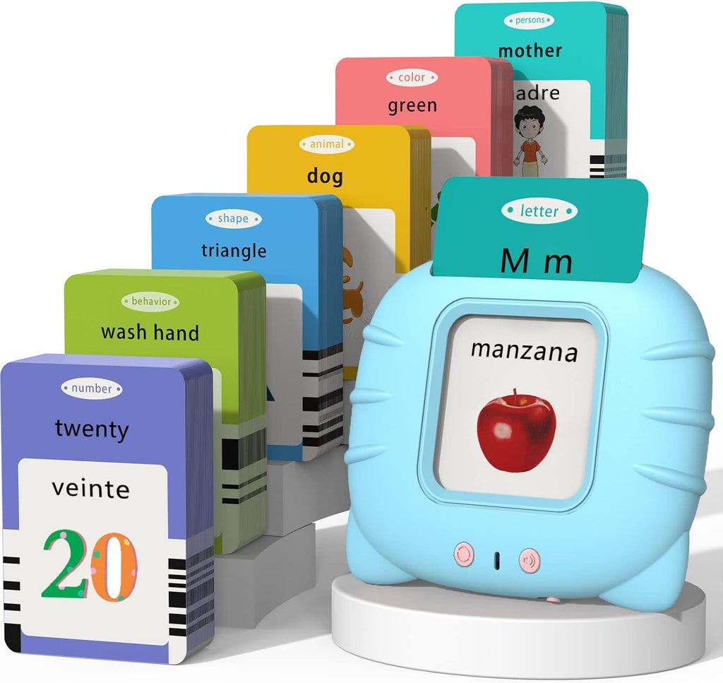 Startcan Tarjetas didácticas parlantes en español e inglés para niños pequeños de 1, 2, 3, 4, 5, 6 años, juguetes de audio para que los niños aprendan español - 258 tarjetas y 516 palabras (Azul)