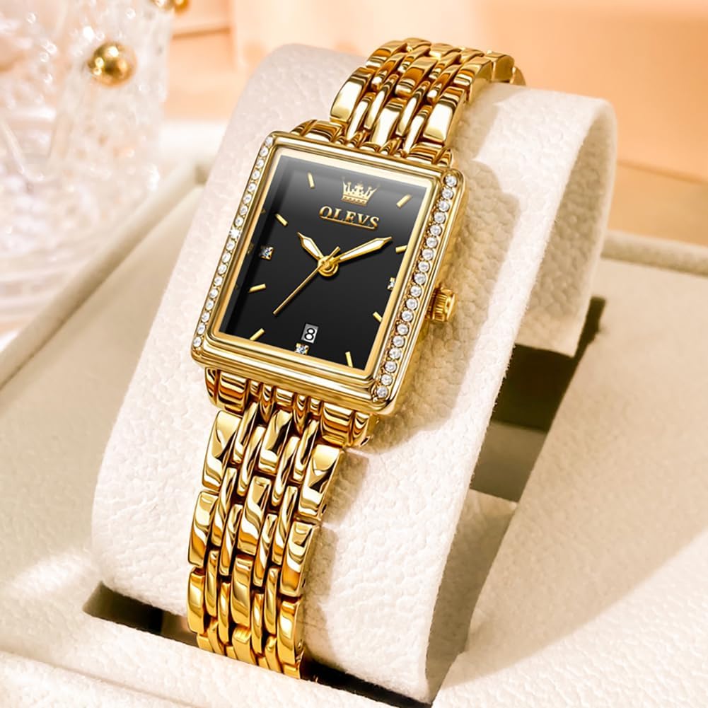 OLEVS Reloj de mujer de oro de acero inoxidable, reloj de cara cuadrada pequeña con decoración de diamantes, reloj de vestir de cuarzo analógico de lujo para mujer, reloj de pulsera impermeable con