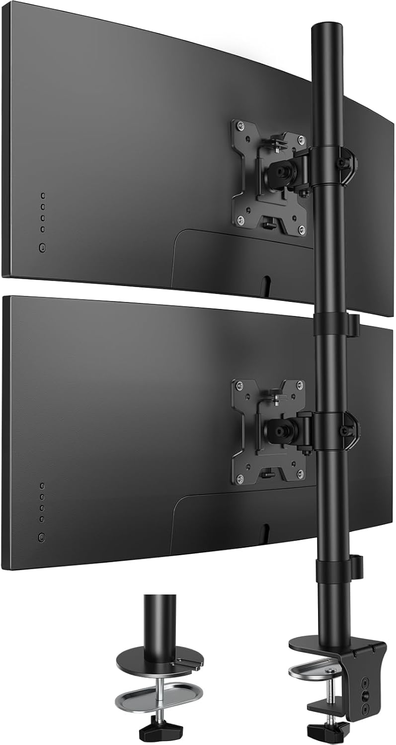 HUANUO Soporte vertical para monitor doble, soporte de monitor apilado para 2 monitores con ajuste de altura, brazo de monitor de computadora soporta dos de 17 a 32 pulgadas con abrazadera C, cada
