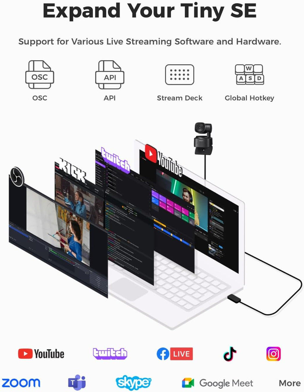 OBSBOT Tiny SE Cámara web PTZ 1080P con seguimiento por IA, con mini trípode