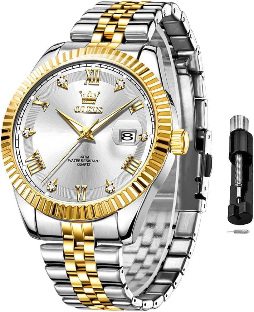 OLEVS Reloj Clásico para Hombre Diamante Analógico Lujo Acero Inoxidable a Dos Tonos Resistente al Agua con Fecha Luminous para Hombres