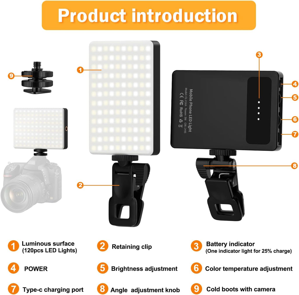 Luz de selfie de 120 LED para iPhone, luz de teléfono portátil con clip y adaptador de trípode de cámara, recargable de 5000 mAh, 3 modos de iluminación, CRI 97+ para grabación de video, TikTok, anillos de montaje de trípode
