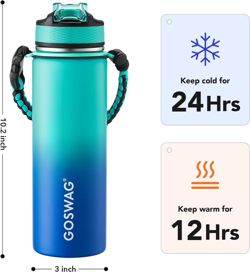 GOSWAG Botella de agua de viaje de acero inoxidable aislada de 24 onzas
