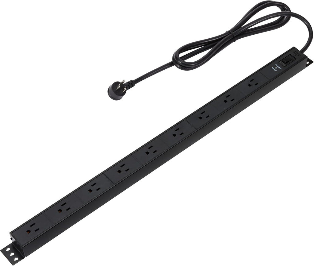 Amazon Basics Regleta protectora de sobretensiones, 9 tomacorrientes, resistente, metal, 600 julios, cable de extensión de 6 pies, montable, amplio espaciado, negro