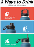 Coolflask Botella de agua de 40 onzas aislada con popote y 3 tapas a prueba